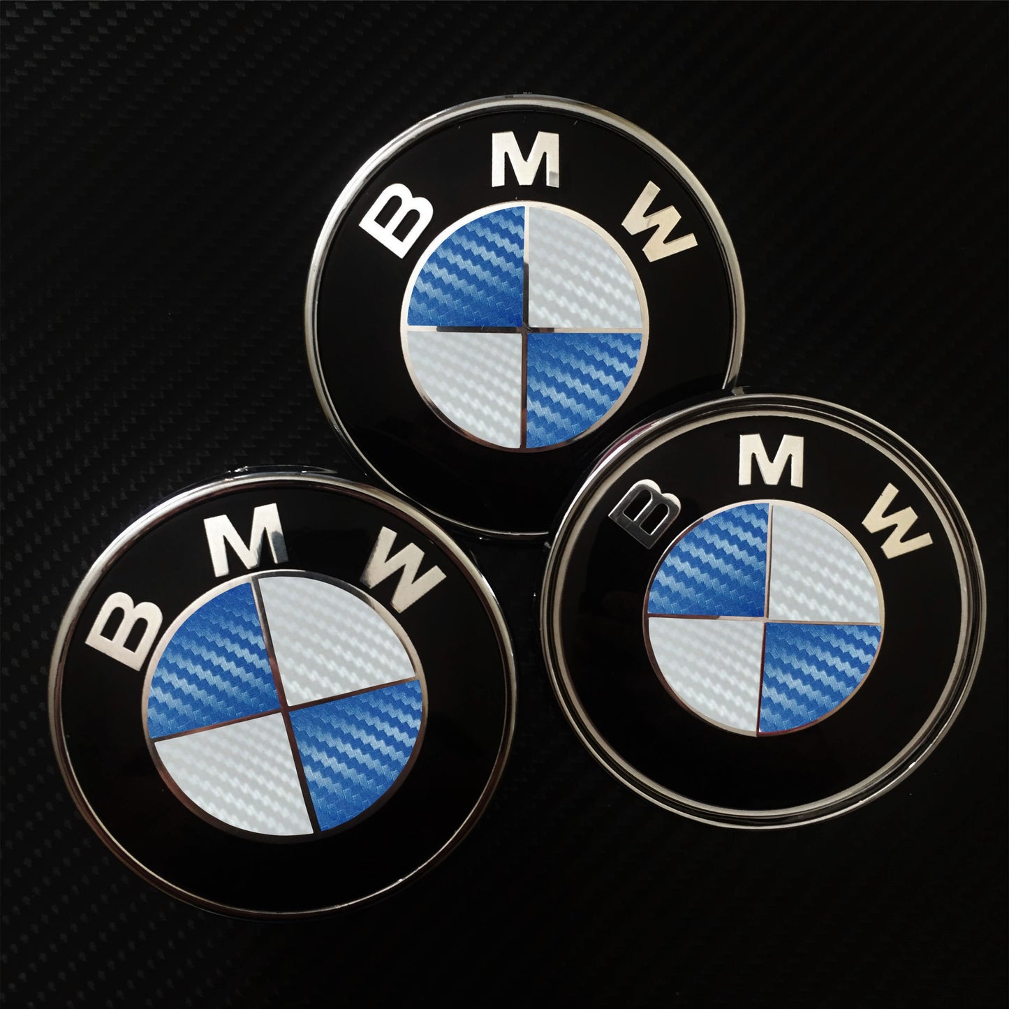 white and blue carbon overlays for bmw badge
