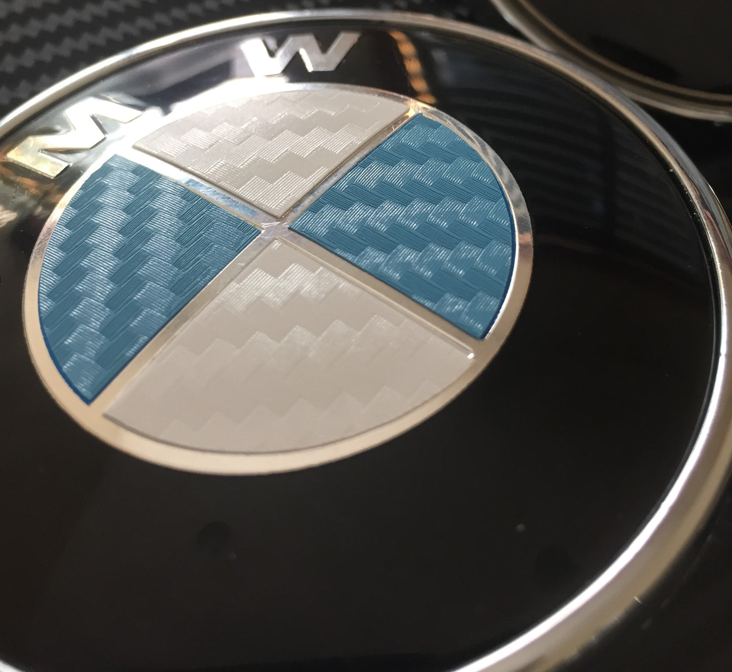 Carbon White and Light Blue Vinyl Overlays for Bmw Badge